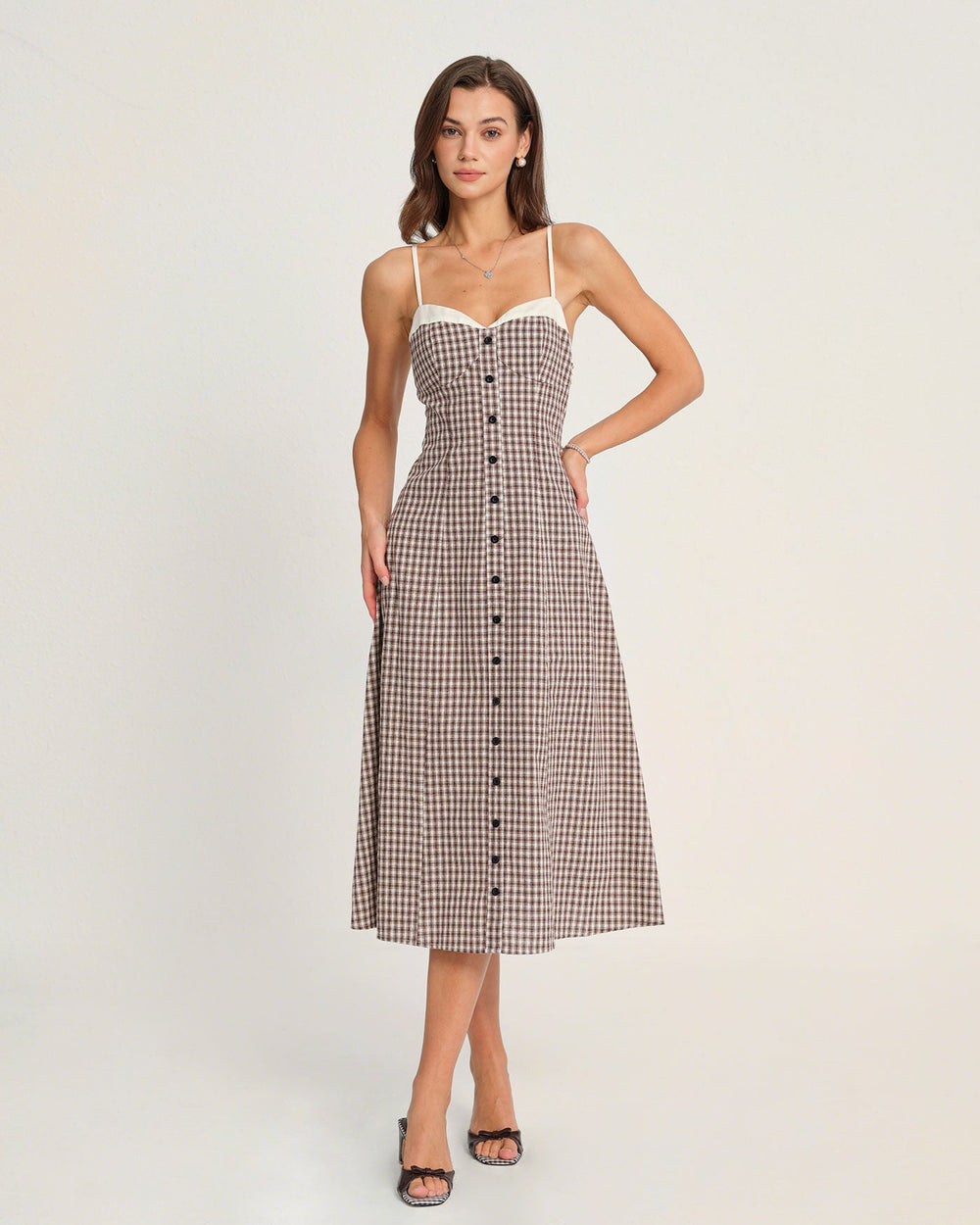 Coffee Plaid Slip Midi Dress | Rihoas