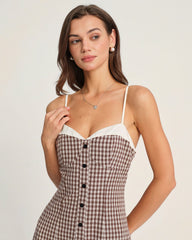 Coffee Plaid Slip Midi Dress | Rihoas