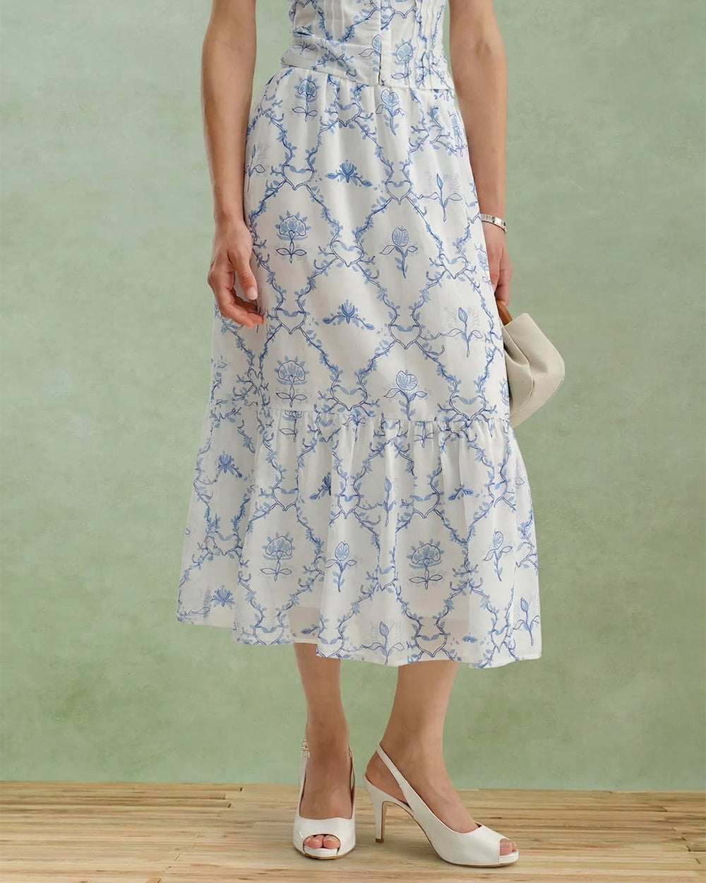 White Floral Tiered Midi Skirt | Rihoas