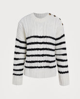 White Striped Button Knit Cardigan | Rihoas