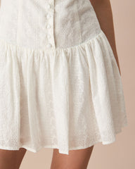 Women's White Boat Neck Jacquard Cotton Mini Dress | Rihoas