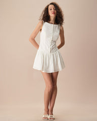 Women's White Boat Neck Jacquard Cotton Mini Dress | Rihoas