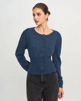Blue Round Neck Slim Knit Cardigan | Rihoas