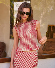 Red Boat Neck Shirred Plaid Tee | Rihoas
