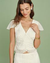 Apricot V Neck Embroidery Tee | Rihoas