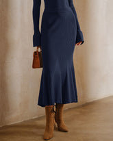Navy Knit Mermaid Midi Skirt | Rihoas