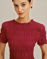 Red Cowl Neck Shirred Tee | Rihoas