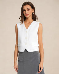 White V Neck Single Breasted Vest | Rihoas