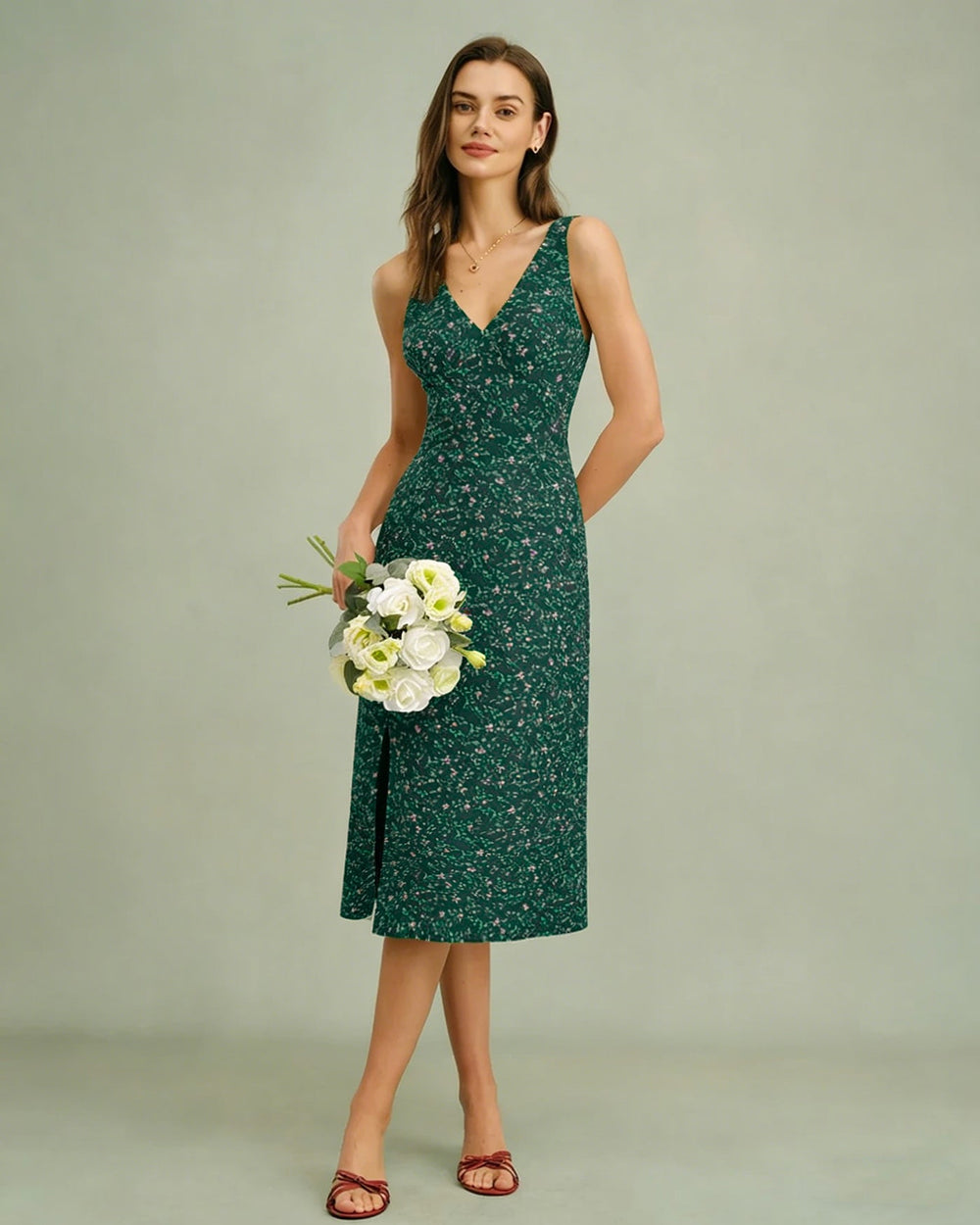 Green V Neck Floral Midi Dress | Rihoas
