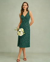 Green V Neck Floral Midi Dress | Rihoas