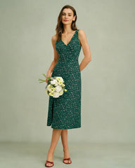 Green V Neck Floral Midi Dress | Rihoas