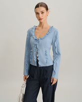 Blue Ruffle V Neck Button Blouse | Rihoas