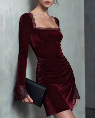 Wine Red Velour Square Neck Mini Dress | Rihoas