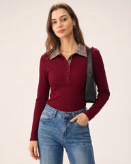 Red Plaid Collar Viscose Tee | Rihoas