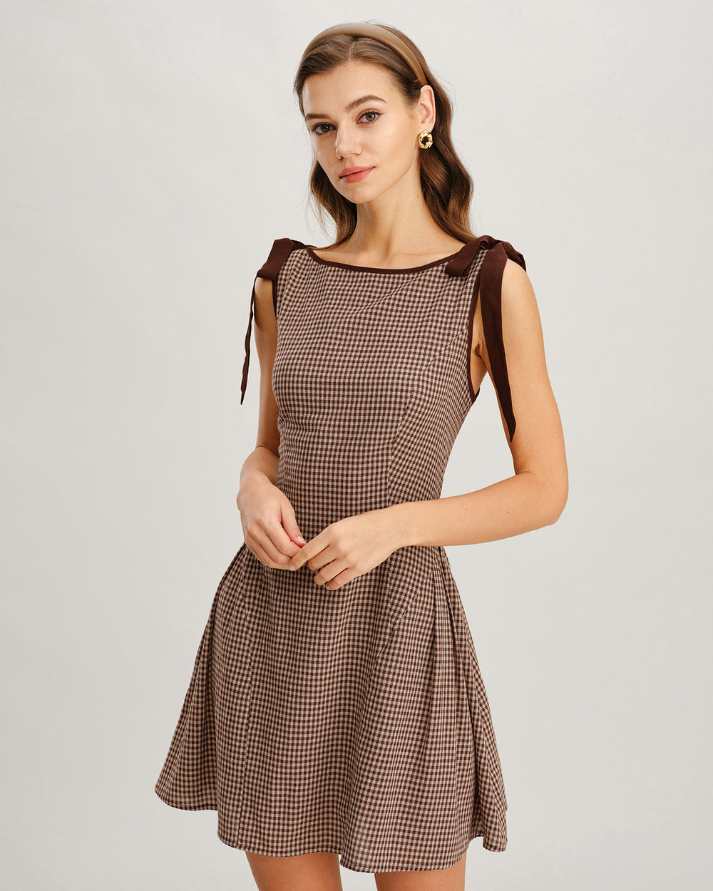 Brown Gingham Tie Strap Mini Dress | Rihoas