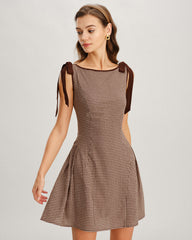 Brown Gingham Tie Strap Mini Dress | Rihoas