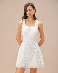 White Square Neck Floral A-Line Mini Dress | Rihoas
