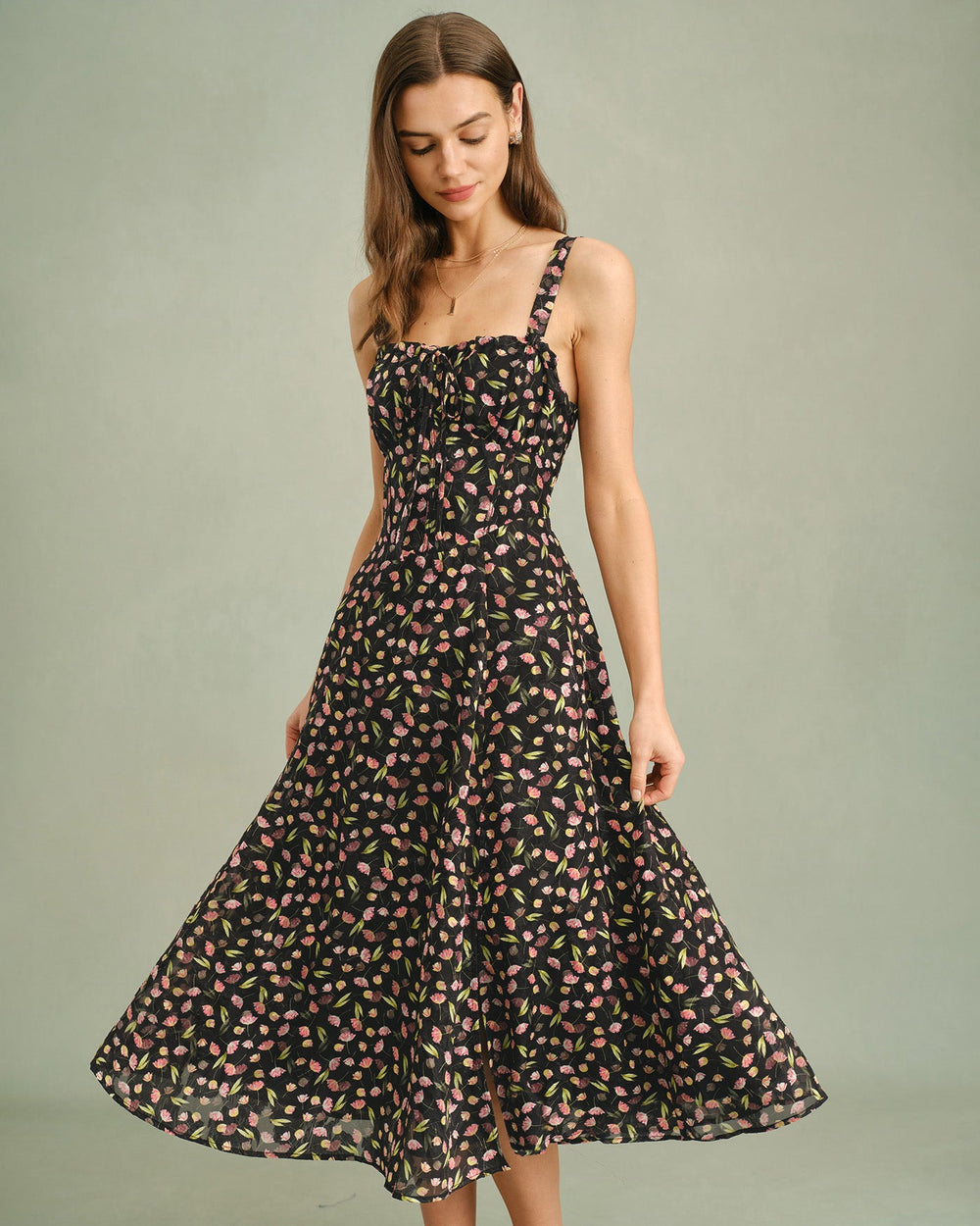 Black Floral Zipper Slip Midi Dress | Rihoas