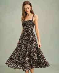 Black Floral Zipper Slip Midi Dress | Rihoas