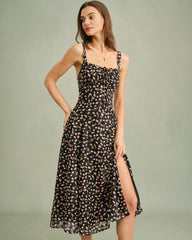 Black Floral Zipper Slip Midi Dress | Rihoas
