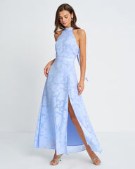 Blue Mock Neck Jacquard Maxi Dress | Rihoas