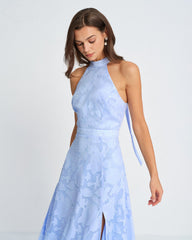 Blue Mock Neck Jacquard Maxi Dress | Rihoas