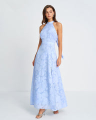 Blue Mock Neck Jacquard Maxi Dress | Rihoas