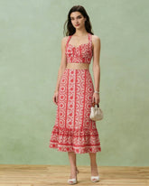 Red Floral Ruched Midi Skirt | Rihoas
