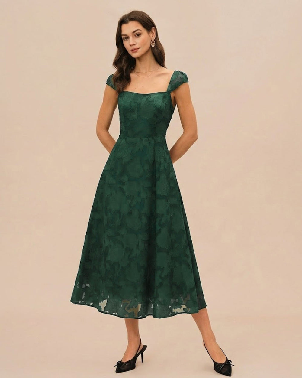 Green Jacquard Cap Sleeve Midi Dress | Rihoas