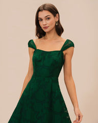 Green Jacquard Cap Sleeve Midi Dress | Rihoas