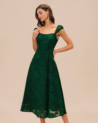 Green Jacquard Cap Sleeve Midi Dress | Rihoas