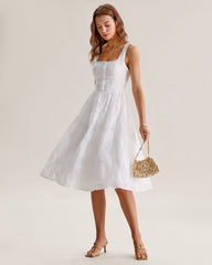 White Jacquard Shirred Slip Midi Dress | Rihoas
