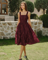 Wine Red Square Neck Jacquard Midi Dress | Rihoas