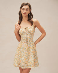 Yellow Floral Strap Mini Dress | Rihoas