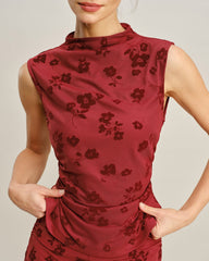 Red Mock Neck Floral Tank Top | Rihoas