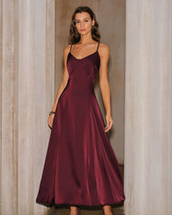 Wine Red Satin A-Line Slip Maxi Dress | Rihoas