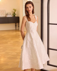 The White Sweetheart Neck Jacquard Midi Dress | Rihoas