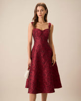 The Red Sweetheart Neck Jacquard Midi Dress | Rihoas