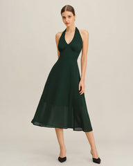 Green Chiffon A-Line Halter Midi Dress | Rihoas