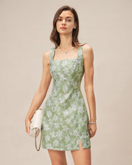 Green Square Neck Slit Floral Mini Dress | Rihoas