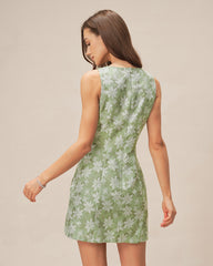 Green Square Neck Slit Floral Mini Dress | Rihoas