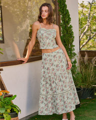 Green Floral A-Line Midi Skirt | Rihoas