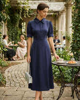 Navy Collar Puffed Sleeve Satin Midi Dress | Rihoas