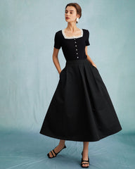 The Black High Waisted Pleated Midi Skirt | Rihoas