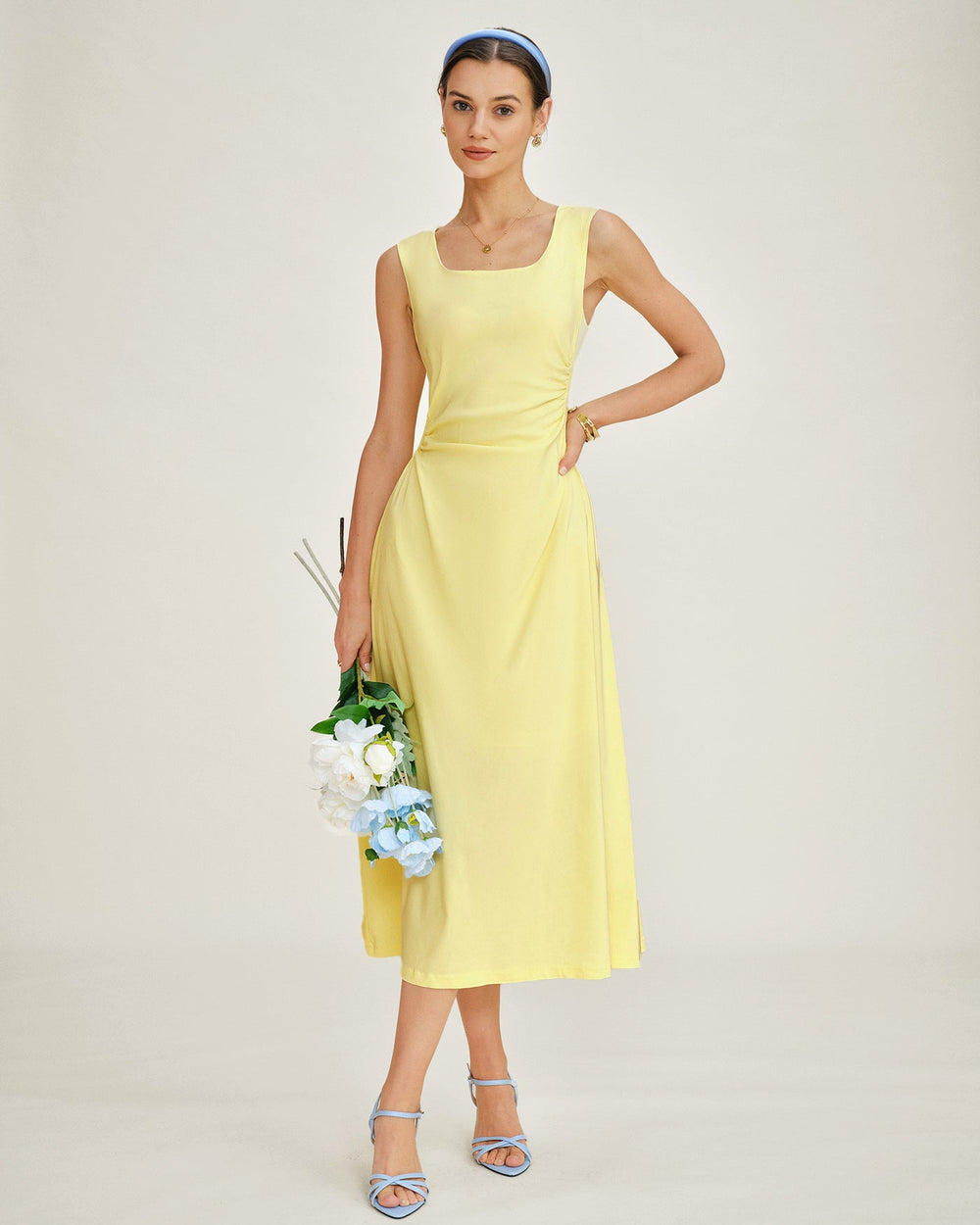Yellow U Neck Ruched Midi Dress | Rihoas