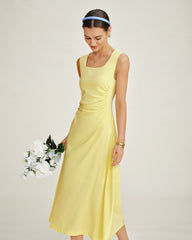 Yellow U Neck Ruched Midi Dress | Rihoas