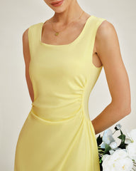 Yellow U Neck Ruched Midi Dress | Rihoas