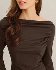 Coffee Ruched Knit Tee | Rihoas