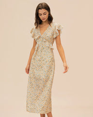 Yellow V Neck Floral Ruffle Midi Dress | Rihoas