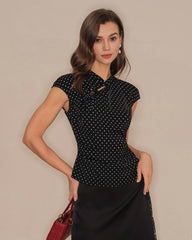 Black Polka Dot Mandarin Collar Tee | Rihoas